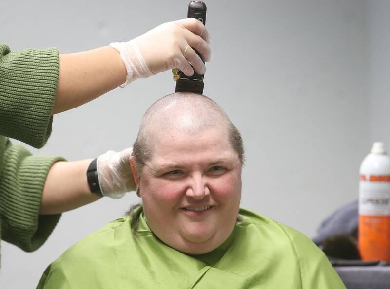 Kimberly Herout, has her head shaved during the first ever St. Baldrick's event on Wednesday, April 30, 2025 at Illinois Valley Community College.