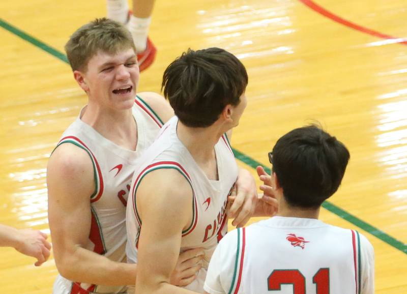 L-P's Braylin Bond reacts with teammate Erick Sotelo after defeating Rochelle on Friday, Feb. 13, 2026 in Sellett Gymnasium at L-P High School.