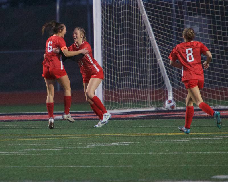 Huntley celebrates a goal against Marian Central on Wednesday March 22, 2023 in Huntley.