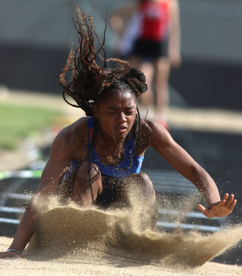 Genoa-Kingston’s Natasha Bianchi competes in the long jump in IHSA Class 2A Girls Sectional Track action at Genoa-Kingston School in Genoa on Friday, May 16, 2025.