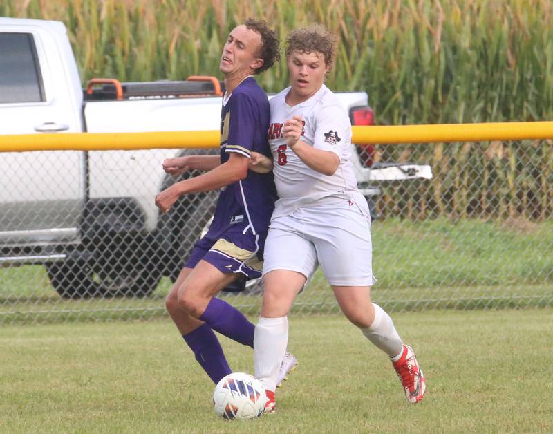 Serena's Finn Rosengren, runs into Earlville's Scott Brandt on Wednesday, Sept. 3, 2025 at Serena High School.