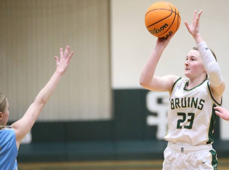 St. Bede's Lili McClain shoots a wide-open jump shot against Marquette on Monday, Dec. 2, 2024 at St. Bede Academy
