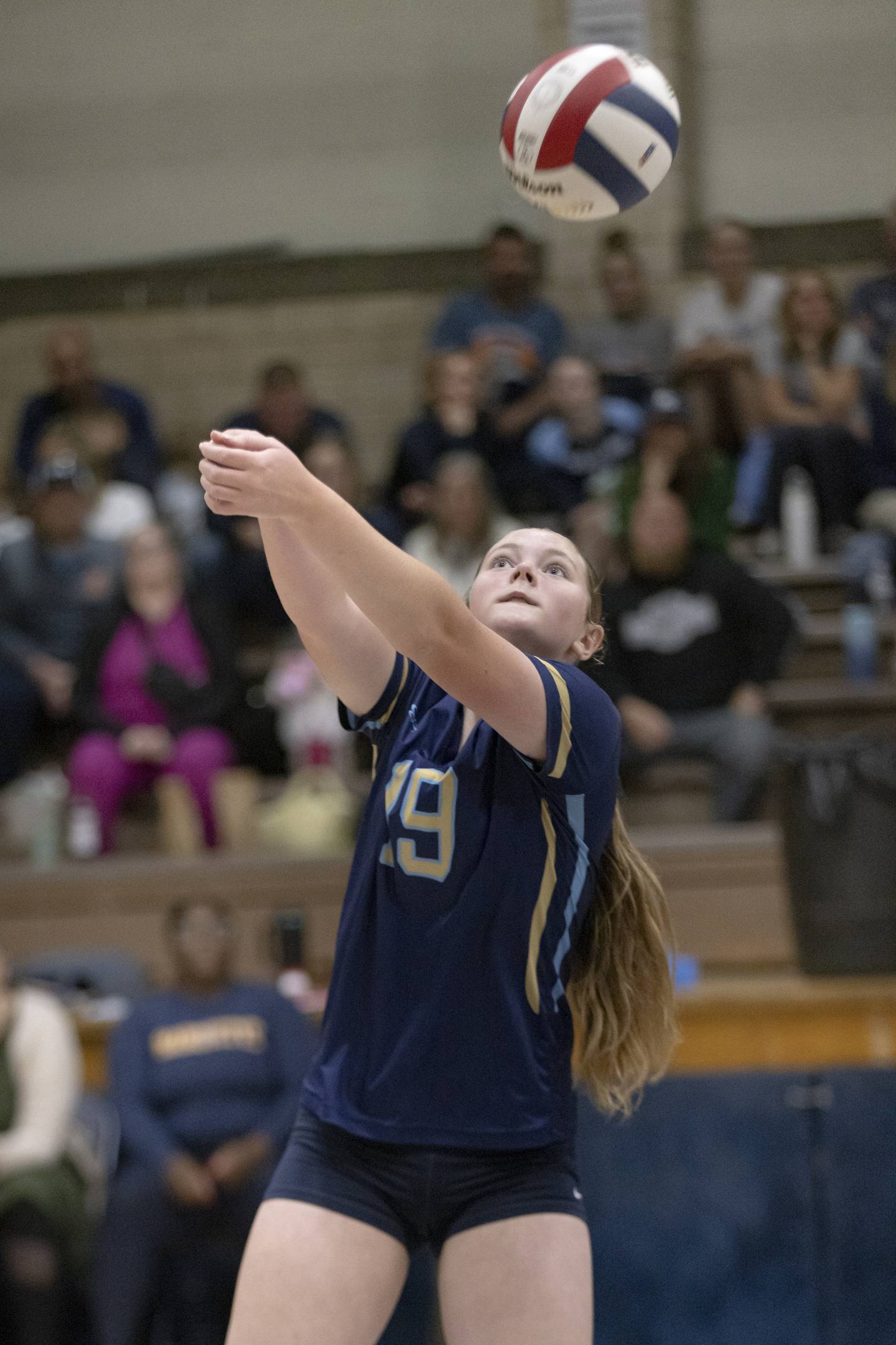 Kelsey Cuchra returns a shot over the net against Lexington High School during the Class 1A Sectional girls volleyball tournament at Bader Gym on November 5, 2024.