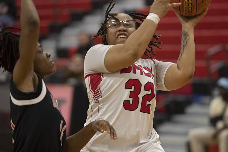 SVCC’s Mya West works below the basket against Malcom X College Monday, Feb. 23, 2026.