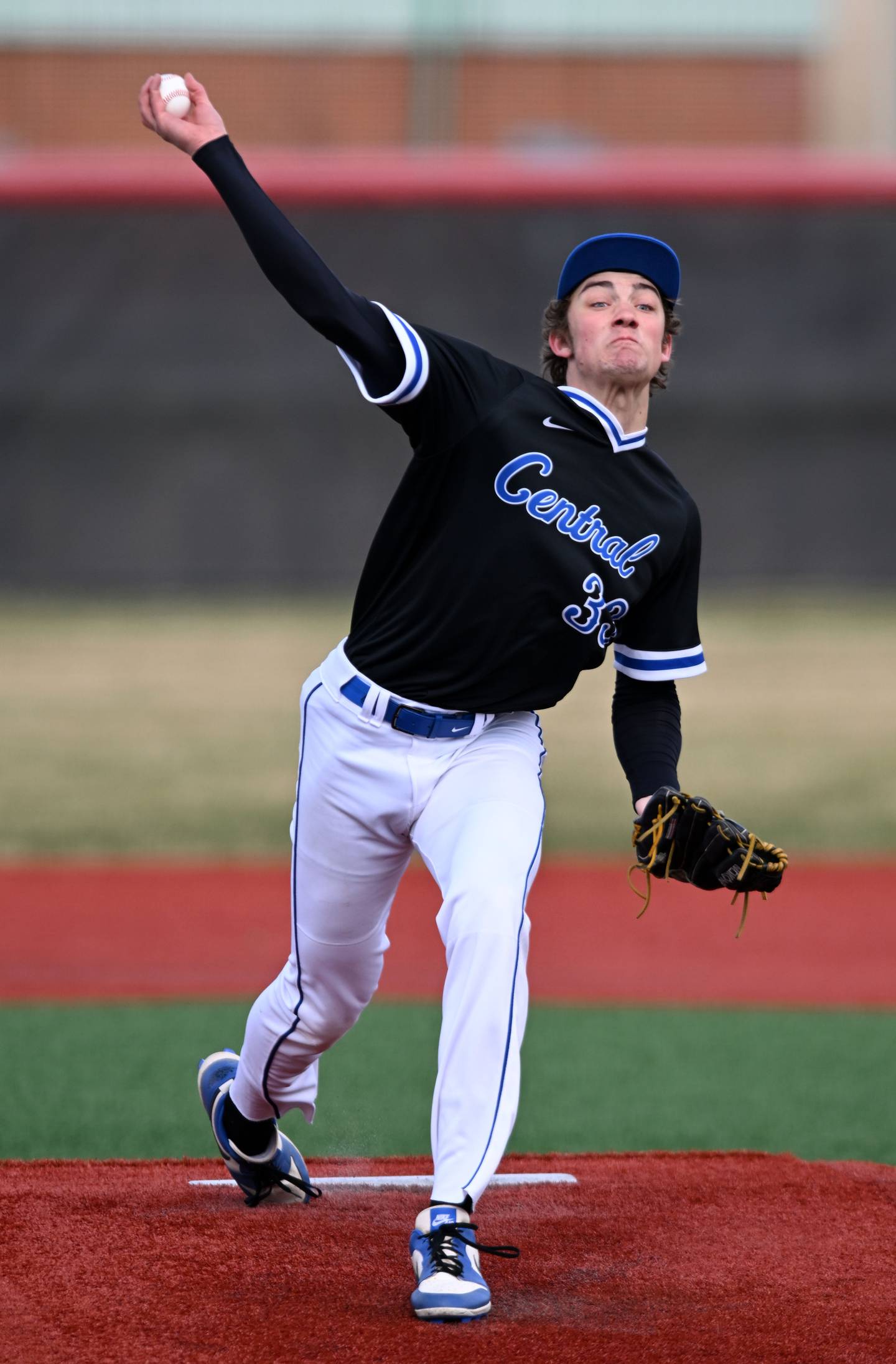 Burlington Central starter Aidric Arndt delivers a pitch during Friday’s game at Barrington.