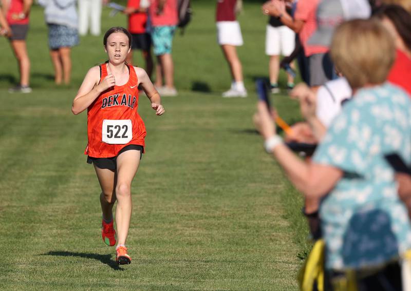 DeKalb’s Alex Schwantes finishes up the varsity race in second place Tuesday, Sept. 2, 2025, during the Sycamore Cross Country Invitational at Northern Illinois University in DeKalb.