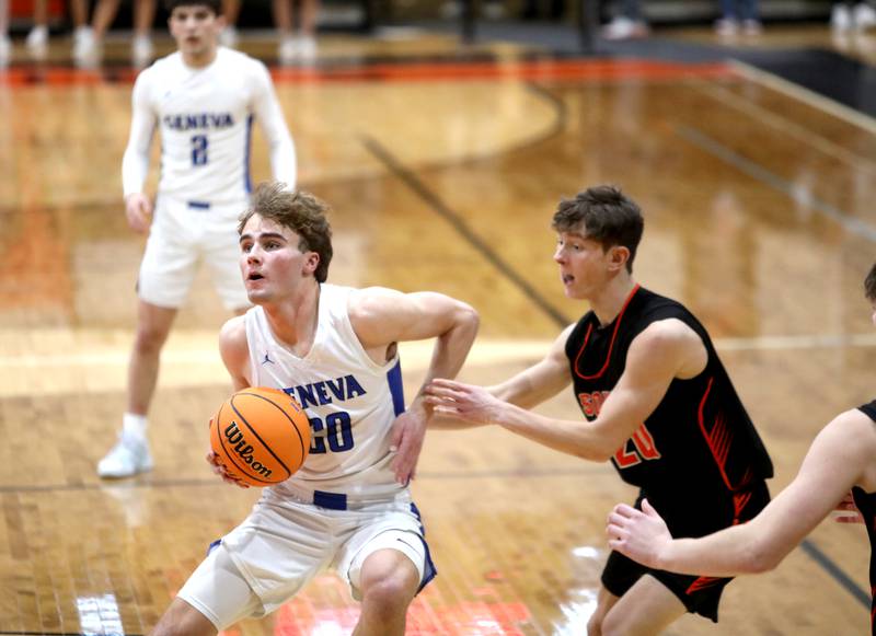 Geneva’s Jack Hatton makes his way to the basket during a Class 4A St. Charles East Sectional semifinal against Wheaton Warrenville South on Wednesday, March 5, 2025 in St. Charles.