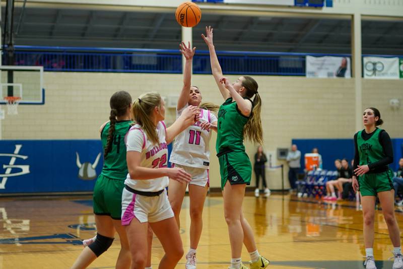Batavia’s Kaidyn King (11) shoots a floater in the lane over York's Avery Larma (5) during a Class 4A Geneva Regional final basketball game at Geneva High School on Thursday, Feb. 20, 2025.