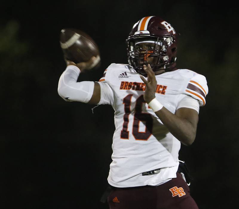 Brother Rice's Marcus Brown throws a pass during a IHSA Class 7A first round playoff football game Friday, Oct. 28, 2022, between Jacobs and Brother Rice at Jacobs High School in Algonquin.
