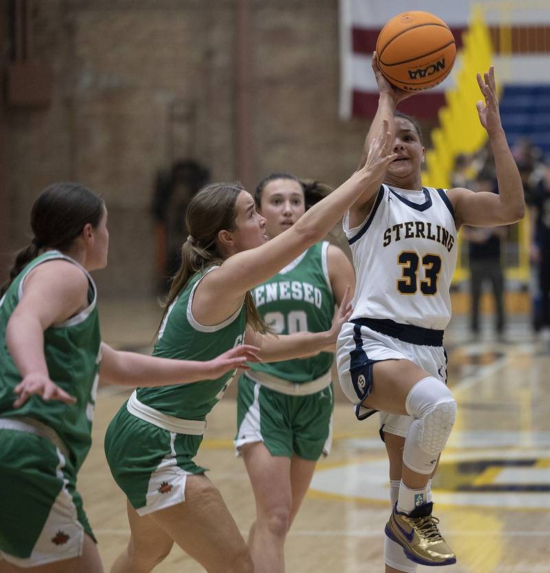 Sterling’s Joslynn James works towards the basket against Geneseo Thursday, Jan. 30, 2025, at Sterling High School.