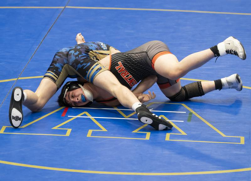 Crystal Lake Central's Daniel Snow takes on Wheeling's Max Katz in the 132 pound bout during the Class 2A Dual Team wrestling Sectional on Tuesday, February 25, 2025 at Wheeling High School.
