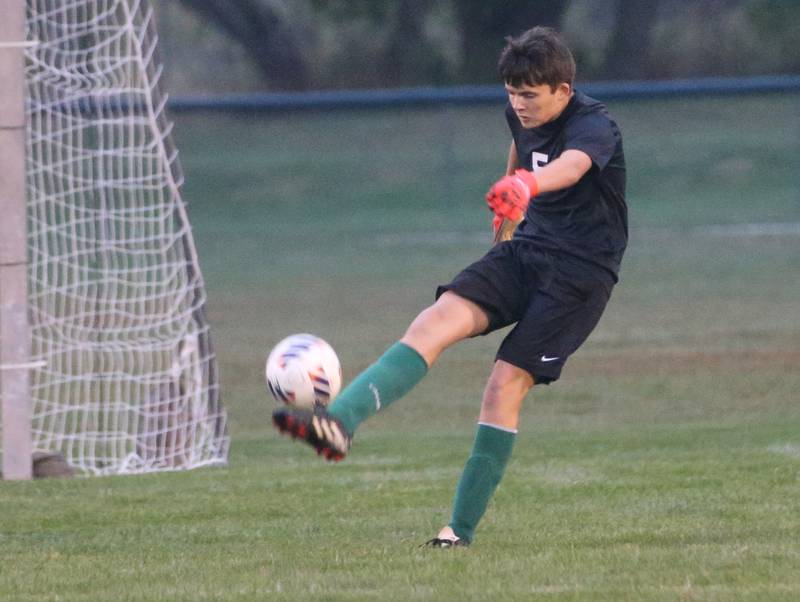 St. Bede keeper Michael Schulz boot the ball out of the box on Wednesday, Oct. 15, 2025 at St. Bede Academy.