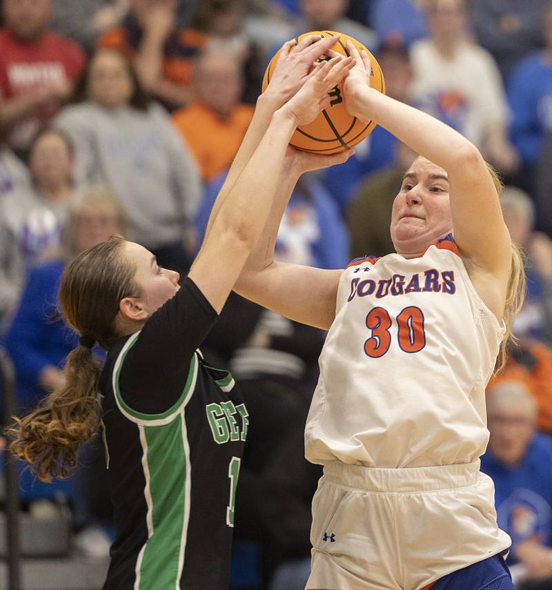 Eastland’s Morgan McCullough has her last second three point shot blocked by Wethersfield’s Lana Scott Tuesday, Feb. 24, 2026, in the Class 1A sectional at Eastland High School. Wethersfield took the win 41-38.