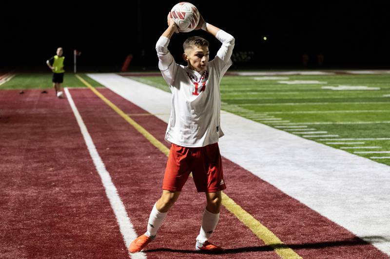 Streator's Enrique Rodriguez throws in during a varsity soccer game against Morris at Morris on Oct. 15, 2025.