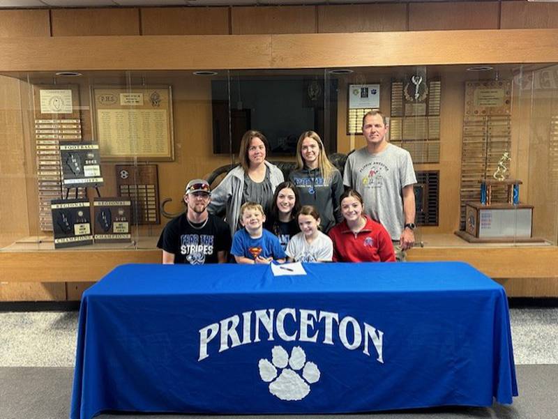 Princeton senior Chrissy Sierens (front center) will play volleyball for St. Ambrose next year She was joined at her signing by her family (front row, from left) Bennett, Jace Sierens Carrie and Josie; and (back row) Lindsay Philhower (mom), Libby and Brandon (dad).