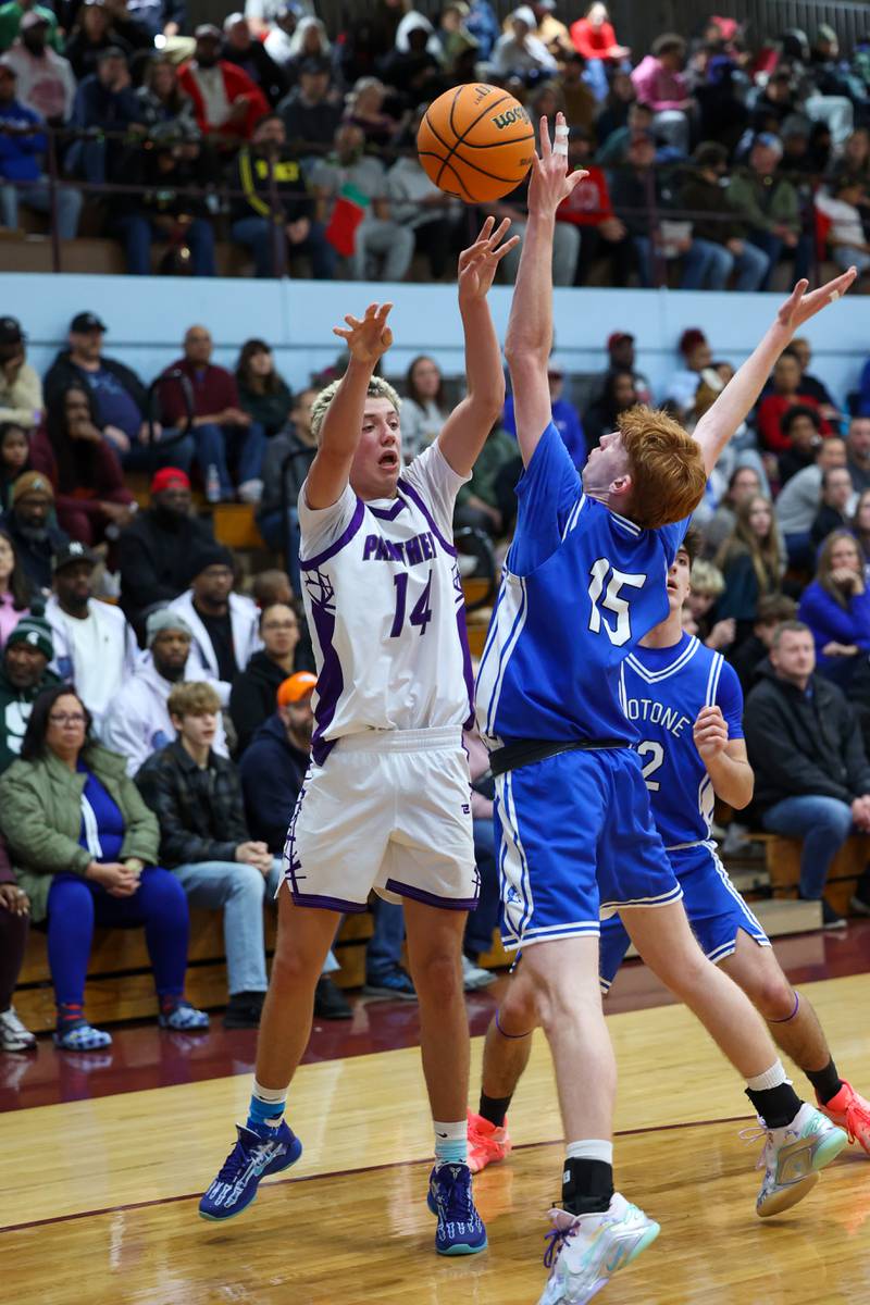 Manteno's Dylan Polito looks to pass around Peotone's Ethan McNeill during the Panthers' 60-49 victory over Peotone in the 75th Kankakee Holiday Tournament opening round on Friday, Dec. 26, 2025.