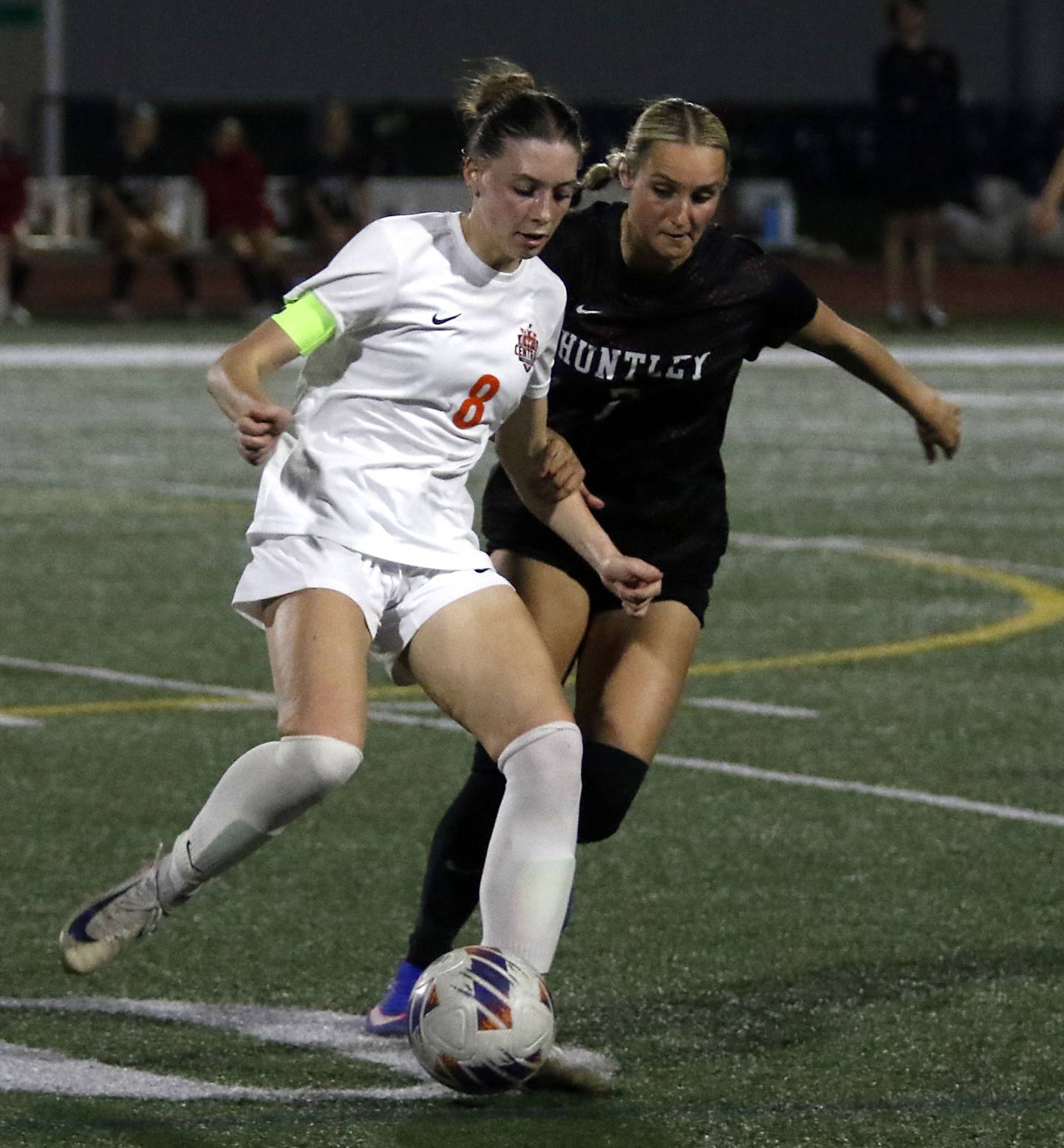 Crystal Lake Central's Peyton McMahon controls the ball in front of Huntley's Emma Emricson during a Fox Valley Conference soccer match on Tuesday, April 14, 2026, at Huntley High School.