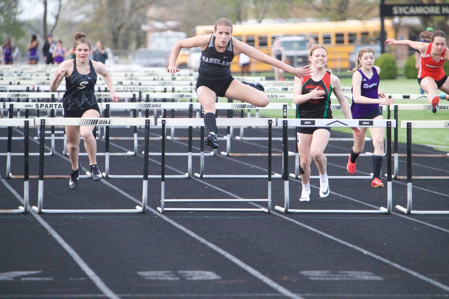 Kaneland's Olivia Patovich competes in the 100 Meter Hurdles at the Interstate 8 Girl's track meet on Friday, May,5,2023 in Sycamore.
