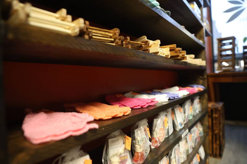 A view of some of the items for sale including hats and mittens Robin during a grand opening of RMY Homemade Goods Natural Skin Care on Tuesday, Nov. 18, 2025 downtown Peru.