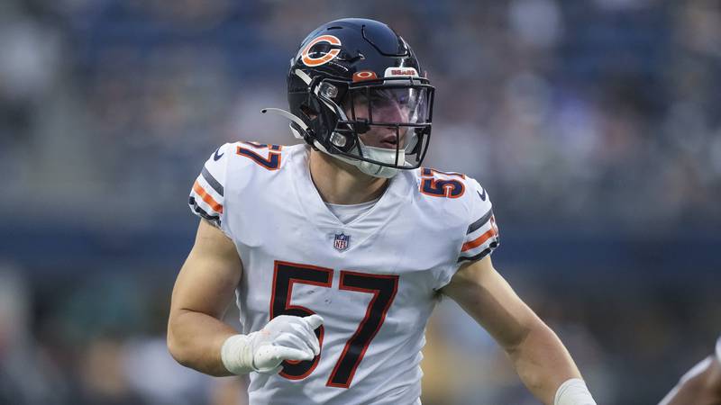Chicago Bears linebacker Jack Sanborn plays against the Seattle Seahawks during a preseason game against on Aug. 18, 2022, in Seattle.