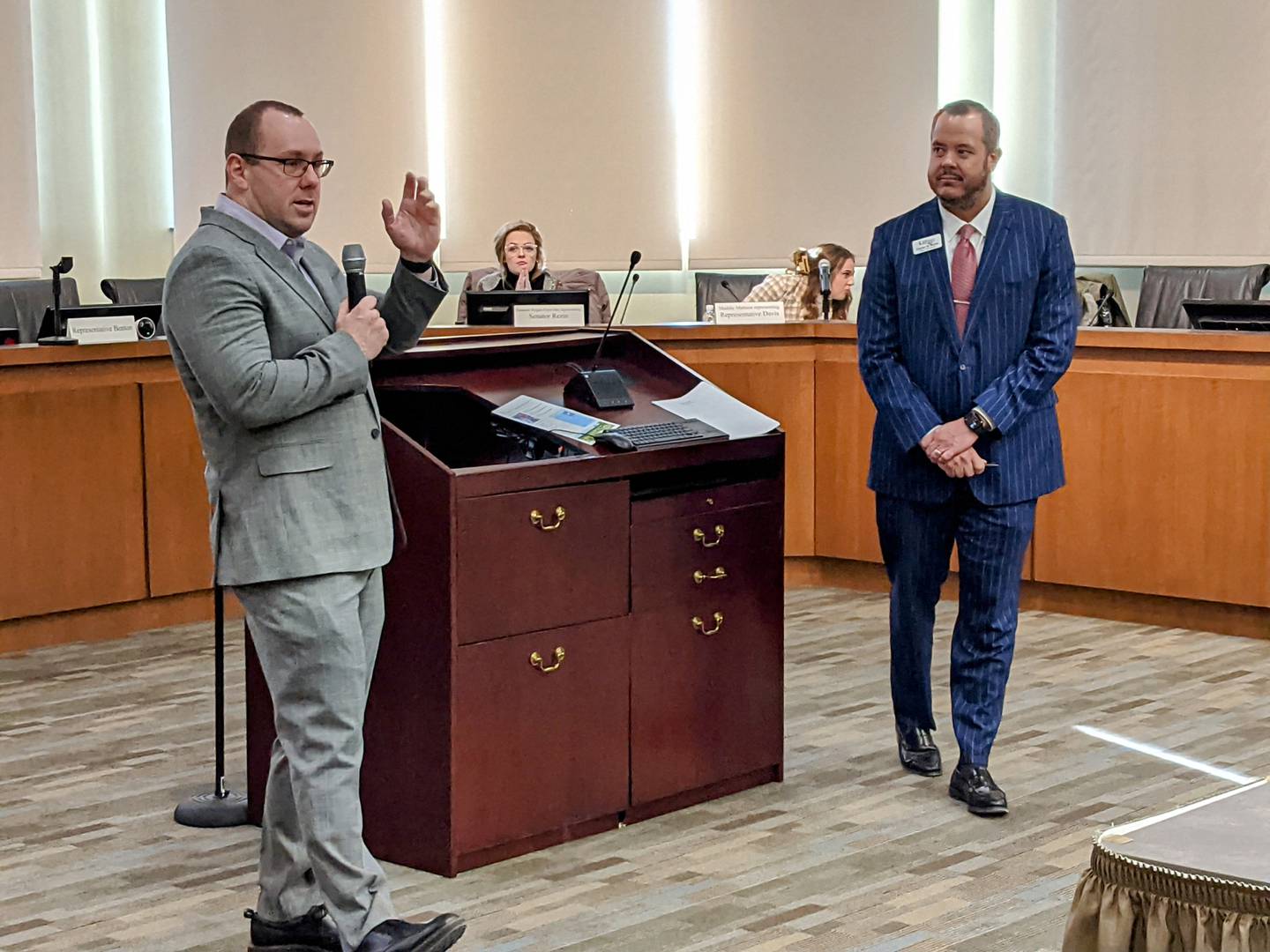 Oswego Village President Ryan Kauffman, left, and Oswego Village Administrator Dan Di Santo, spoke during a legislative breakfast at Oswego Village Hall on Jan. 21.