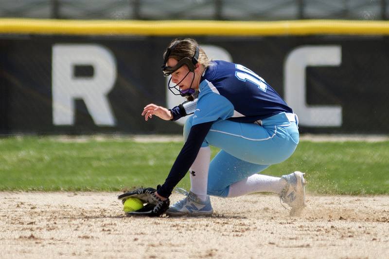 Bureau Valley's Kalee Carlson plays a ball against Rock Falls Saturday, April 16, 2022.