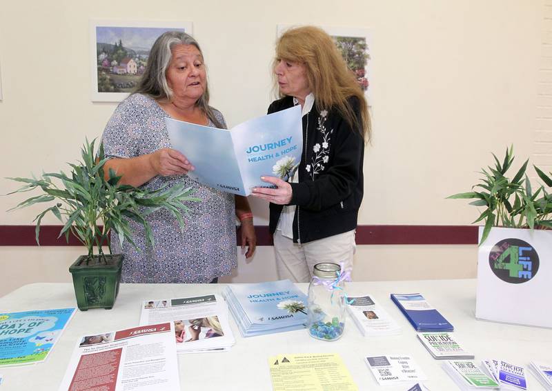 Valerie Gallegos, of Round Lake, organizer, talks with Melanie Passaretti, of Palatine about a handbook called, "A Journey Toward Health & Hope," by SAMHSA given out during the Live 4 Life's 9th Annual Day of Hope at the Community Center on September 17th in Fox Lake.
Photo by Candace H. Johnson for Shaw Local News Network