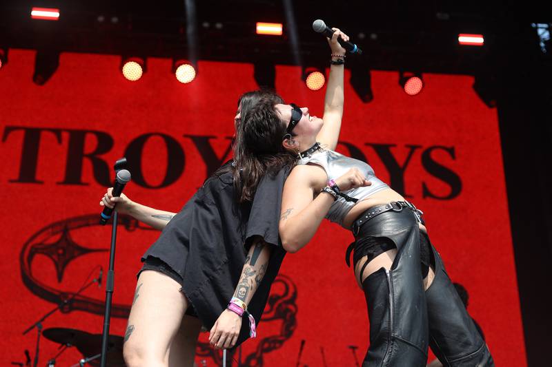 Violet Mayugba, left, and Alexia Roditis of Destroy Boys performs at Lollapalooza on Saturday, Aug. 3, 2024 in Chicago.