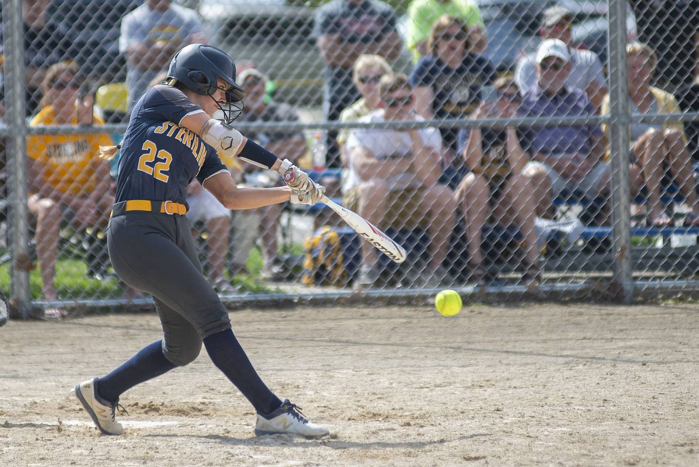 Sterling’s Elizabeth Palumbo drives the ball up the middle for a walk off win against Dixon Saturday, May 28, 2022.