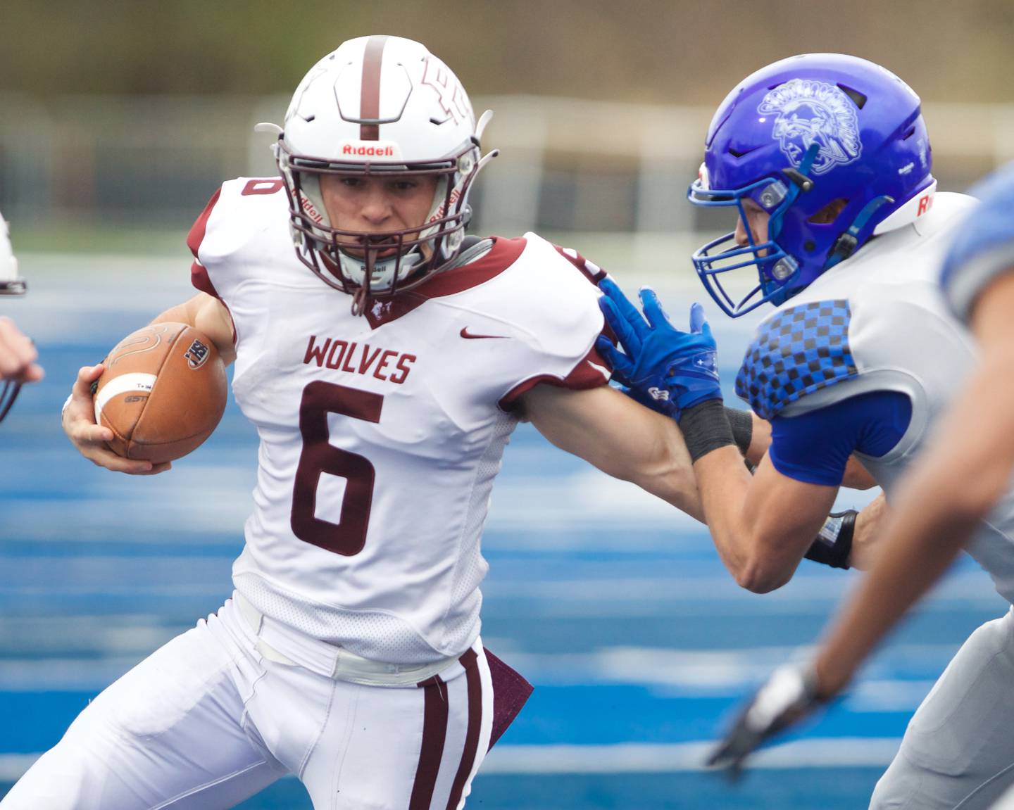 Prarie Ridges Luke Vanderwiel runs the ball for a gain against St. Francis at the Class 5A second-round playoff game on Saturday Nov.9,2024 in Wheaton.