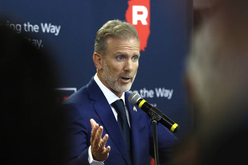 Gary Rabine gives his official announcement for his candidacy for governor of Illinois on Tuesday, March 30, 2021, at The Rabine Group in Schaumburg