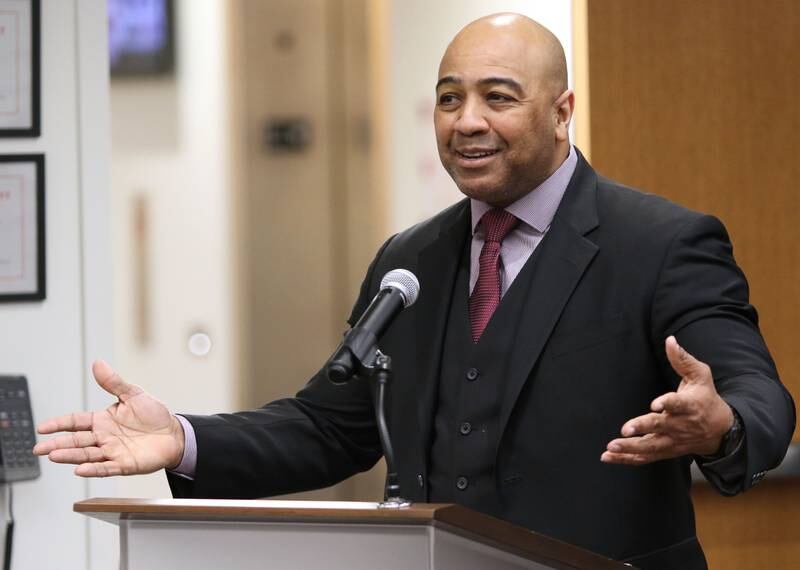 Illinois State Police Col. David Byrd speaks at the DeKalb City Council meeting Monday after being named the city's next police chief.