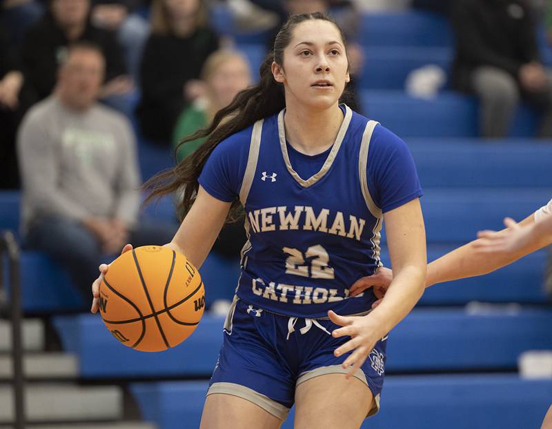 Newman’s Anna Propheter looks to make a play against Wethersfield Thursday, Feb. 26, 2026, in the Class 1A sectional semifinal at Eastland.