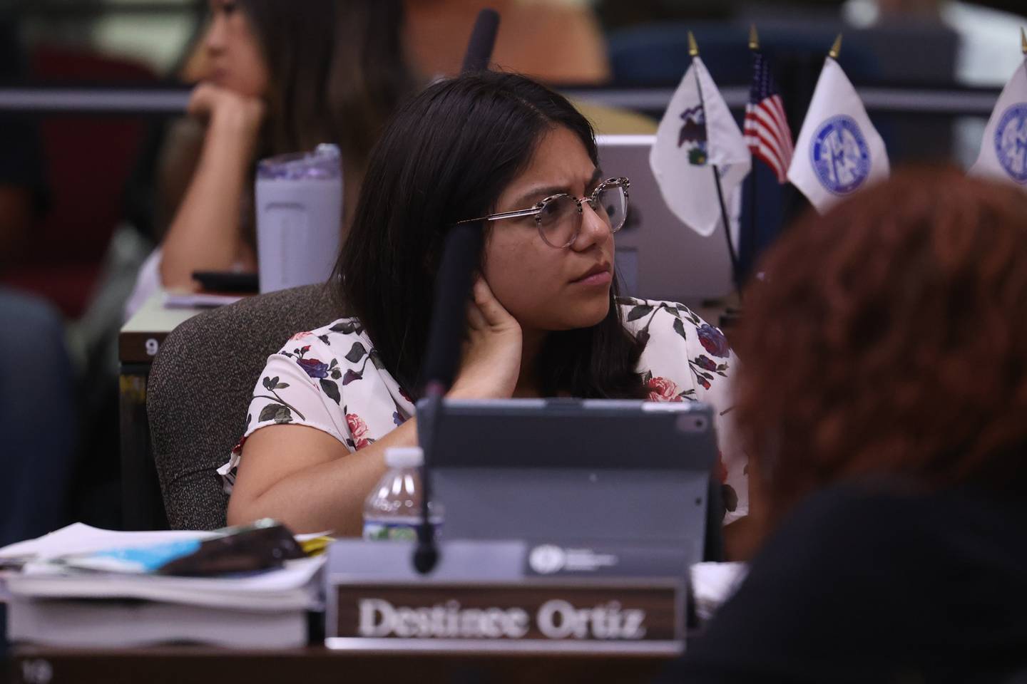 Will County board member Destinee Ortiz sits in on the Will County board meeting on Thursday, Aug. 17, 2023 in Joliet.