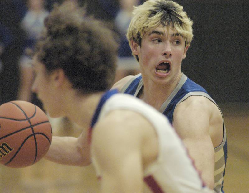 Princeton's Noah Laporte moves the ball towards the basket during the Morrison vs Princeton class 2A basketball regional final at Prophetstown High School on Friday, Feb. 23 .
