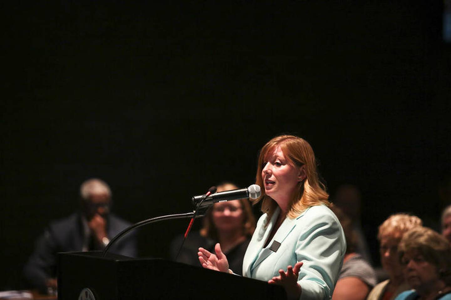 Megan Millen, executive director of the Joliet Public library, delivers a speech about needed updates to the library Monday at Joliet City Hall in Joliet. Joliet City Council members heard a proposal to renovate the Joliet Public Library, which included a virtual reality tour of the proposed changes.