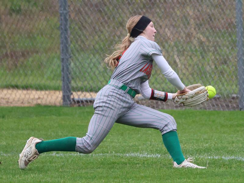 LaSalle-Peru's Lydia Steinbach can’t quite make a running catch Thursday, April 30, 2026, during their game at Sycamore High School.