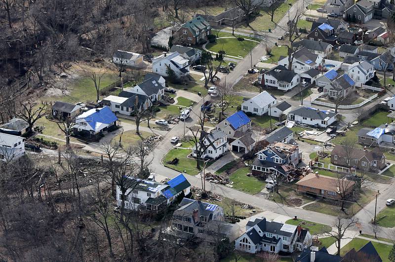 An aerial view of Ottawa's south side showing tornado damage on Wednesday, March 1 2017 in Ottawa.