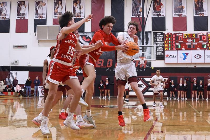Naperville Central’s Paul Norris gets the rebound against Plainfield North on Wednesday, Jan 22, 2025 in Plainfield.