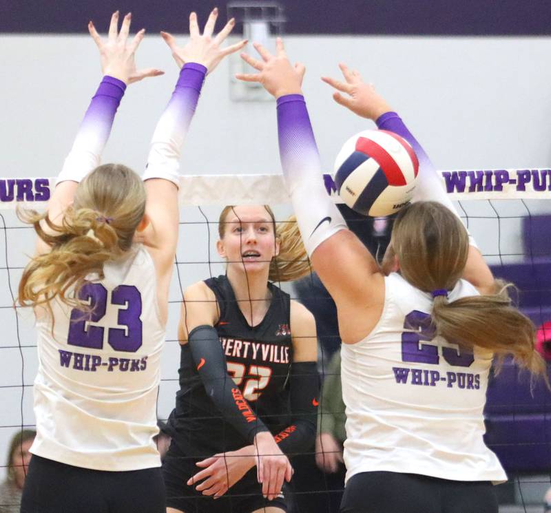Libertyville’s Emerson Zovistoski hits the ball against Hampshire in an IHSA volleyball Class 4A Sectional Championship at Hampshire High School in Hampshire on Thursday, November 6, 2025.