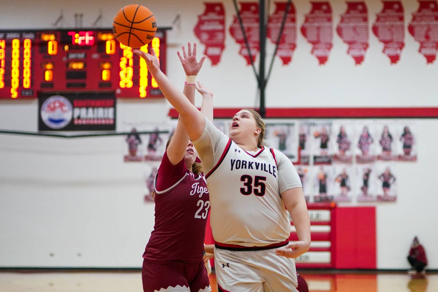 Yorkville's Madison Spychalski (35) shoots the ball in the post against Plainfield North's Isabella Gruber (23) during a basketball game at Yorkville High School on Tuesday, January 10, 2017.