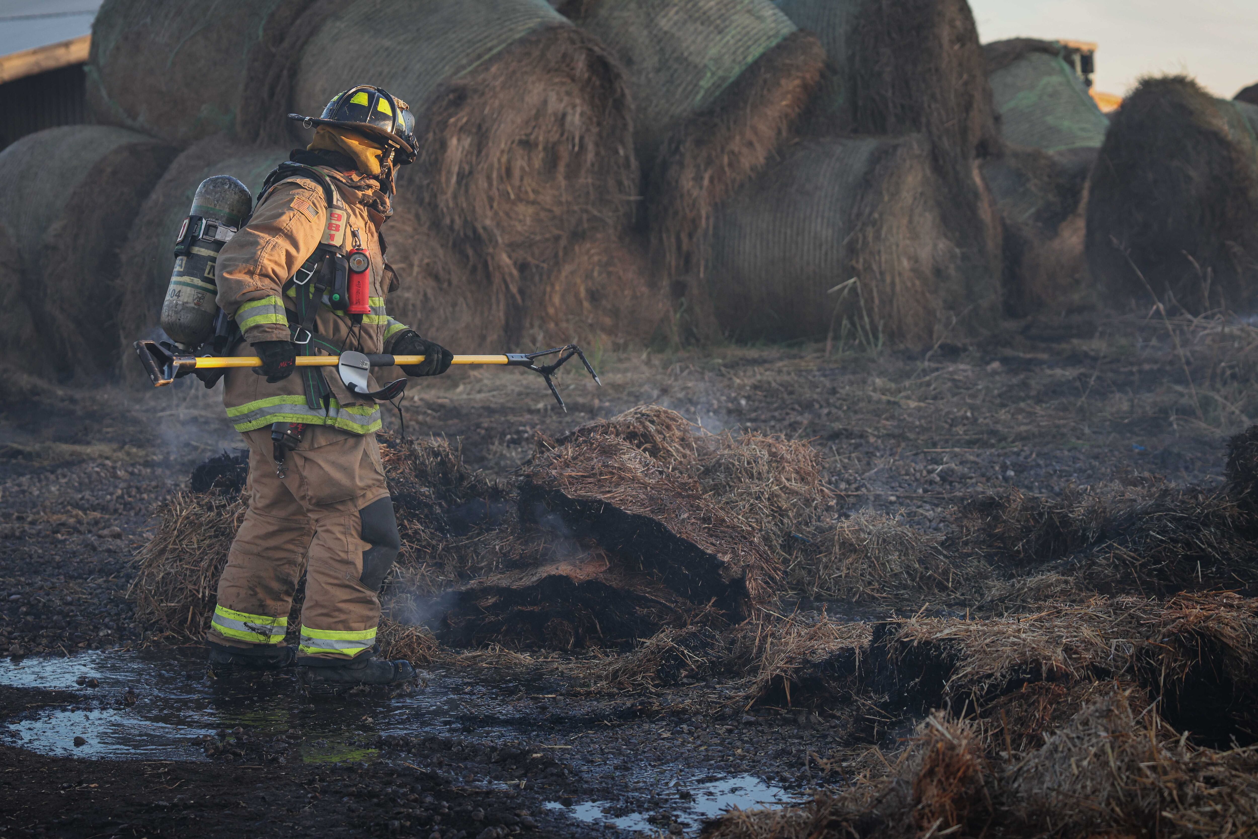 Hay bales caught fire near Union on Nov. 7, 2025.