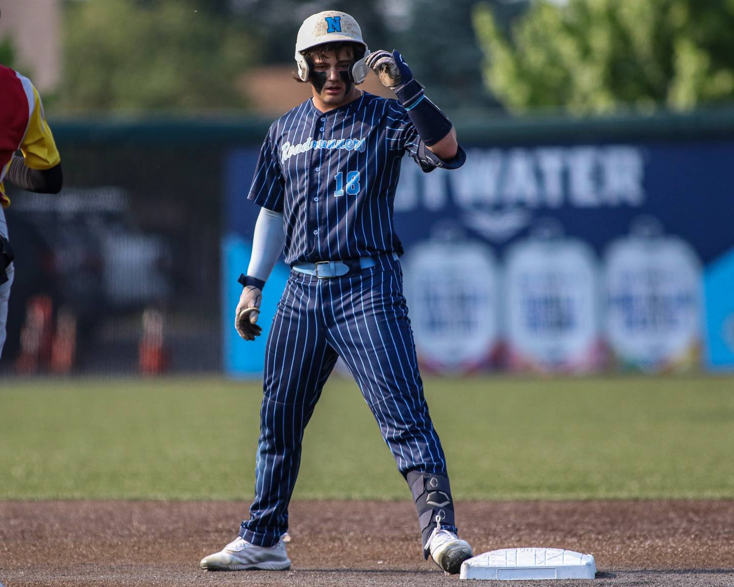 Nazareth's Lucas Smith (18) stands at second during Class 3A Crestwood Supersectional game between Lindblom at Nazareth.  June 5, 2023.