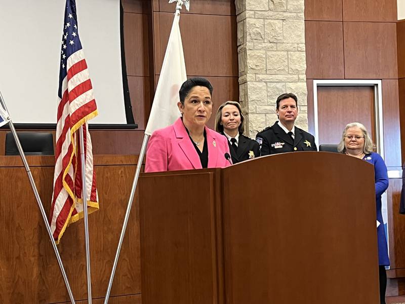 Illinois State Comptroller Susana Mendoza speaks about legislation modifying the Illinois Line of Duty Compensation Act at a press conference on Monday in Romeoville.