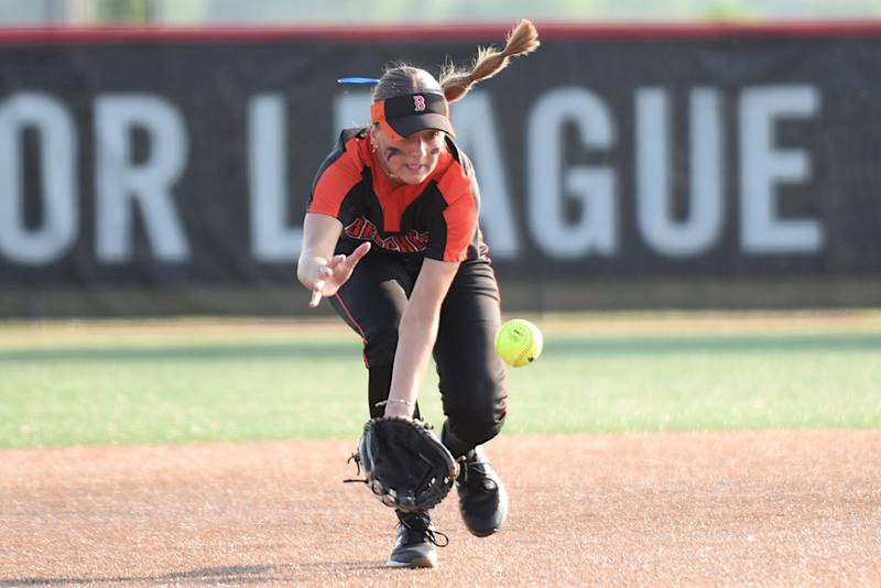 Beecher's Ava Olson fields a ground ball during the Class 2A State semifinals against Auburn Friday, June 6, 2025 at the Lousiville Slugger Complex in Peoria.