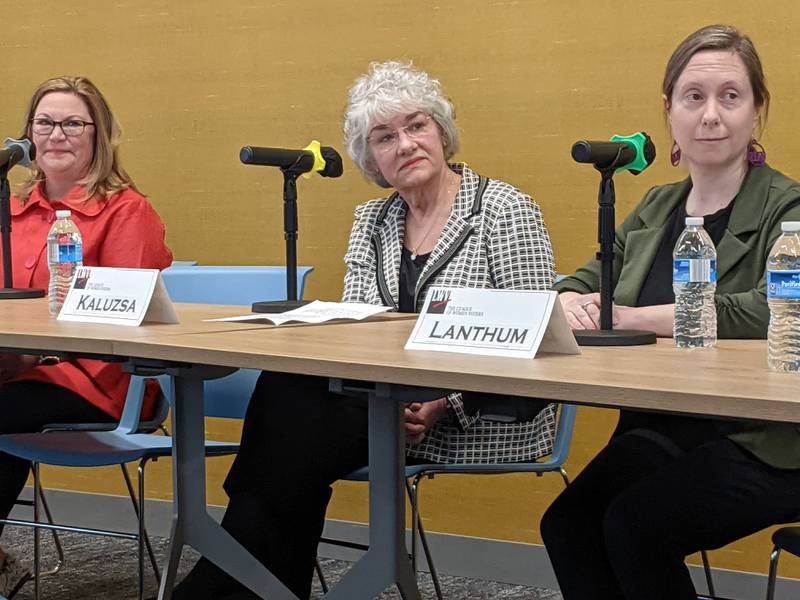 St. Charles Library Board candidates Bonnie Dauer, left, incumbent Library Board trustee Karen Kaluzsa and Allison Lanthrum answer questions March 5, 2023 at a League of Women Voters of Central Kane County candidate forum.