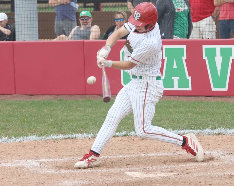 L-P's Gavin Kallis makes contact with the ball against Morris on Friday, April 17, 2026 at Huby Sarver Field in the L-P Athletic Complex in La Salle.