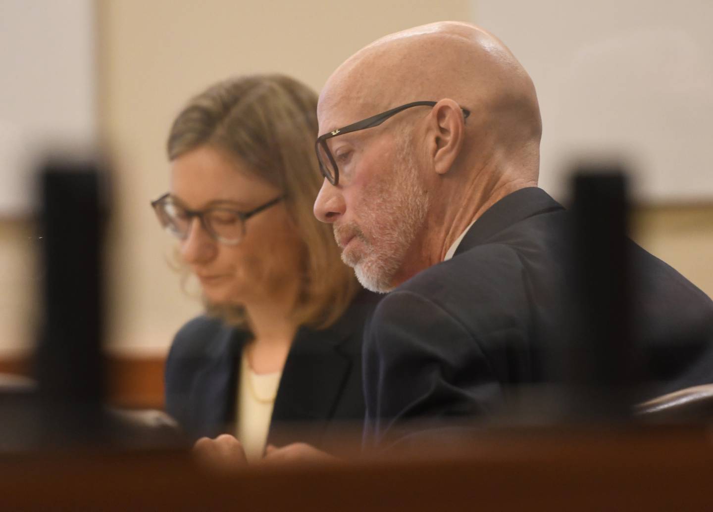 Ogle County State's Attorney Mike Rock (right) and assistant Allison Huntley listen to testimony by FBI Special Agent Jeremy Bauer about cellphone records and data extracted from Duane C. Meyer's cellphone on Wednesday, Jan. 21, 2026 at the Ogle County Judicial Center in Oregon.