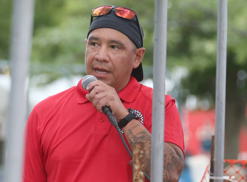 DePue Mens Club president Trent Solorio welcomes fans The US Title Series (USTS) Pro National Championship Boat Races on Friday, July 25, 2025 in DePue.