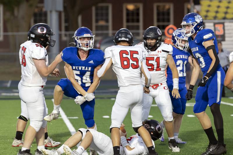 Newman’s Jacob Payne celebrates a sack against Orion Friday, Sept. 20, 2024, at Roscoe Eades Stadium in Sterling.